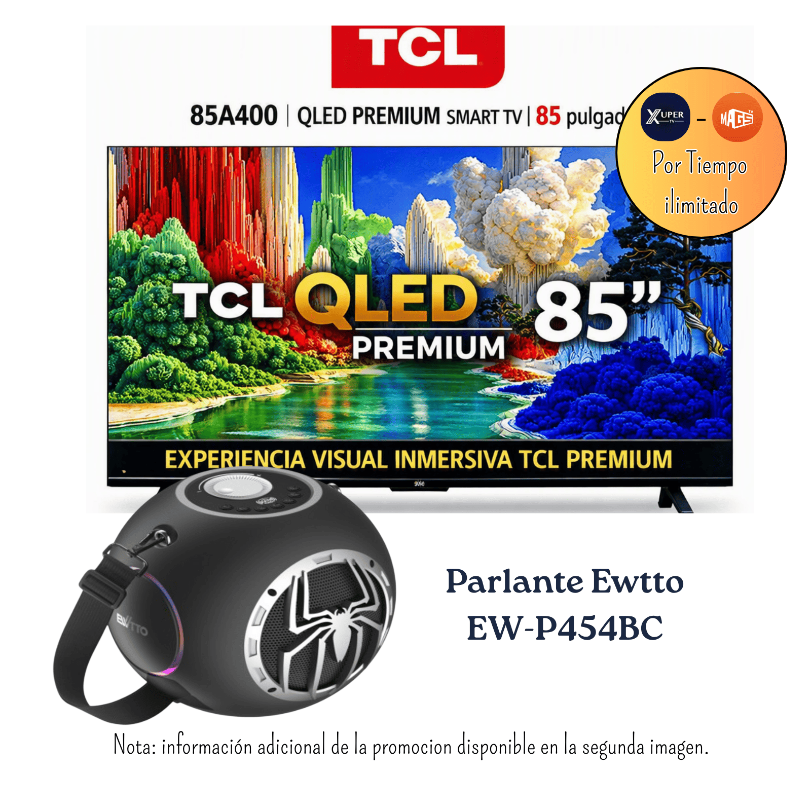 TELEVISOR TCL 85 PULGADAS PREMIUM QLED UHD 4K 85A400 + PROMOCIÓN + PARLANTE EWTTO 60 WATTS EW-P454BC - 1