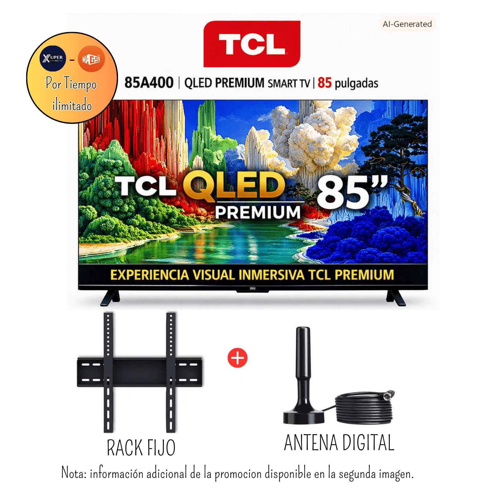 TELEVISOR TCL 85 PULGADAS PREMIUM QLED UHD 4K 85A400 + PROMOCIÓN + RACK FIJO + ANTENA DIGITAL - 1