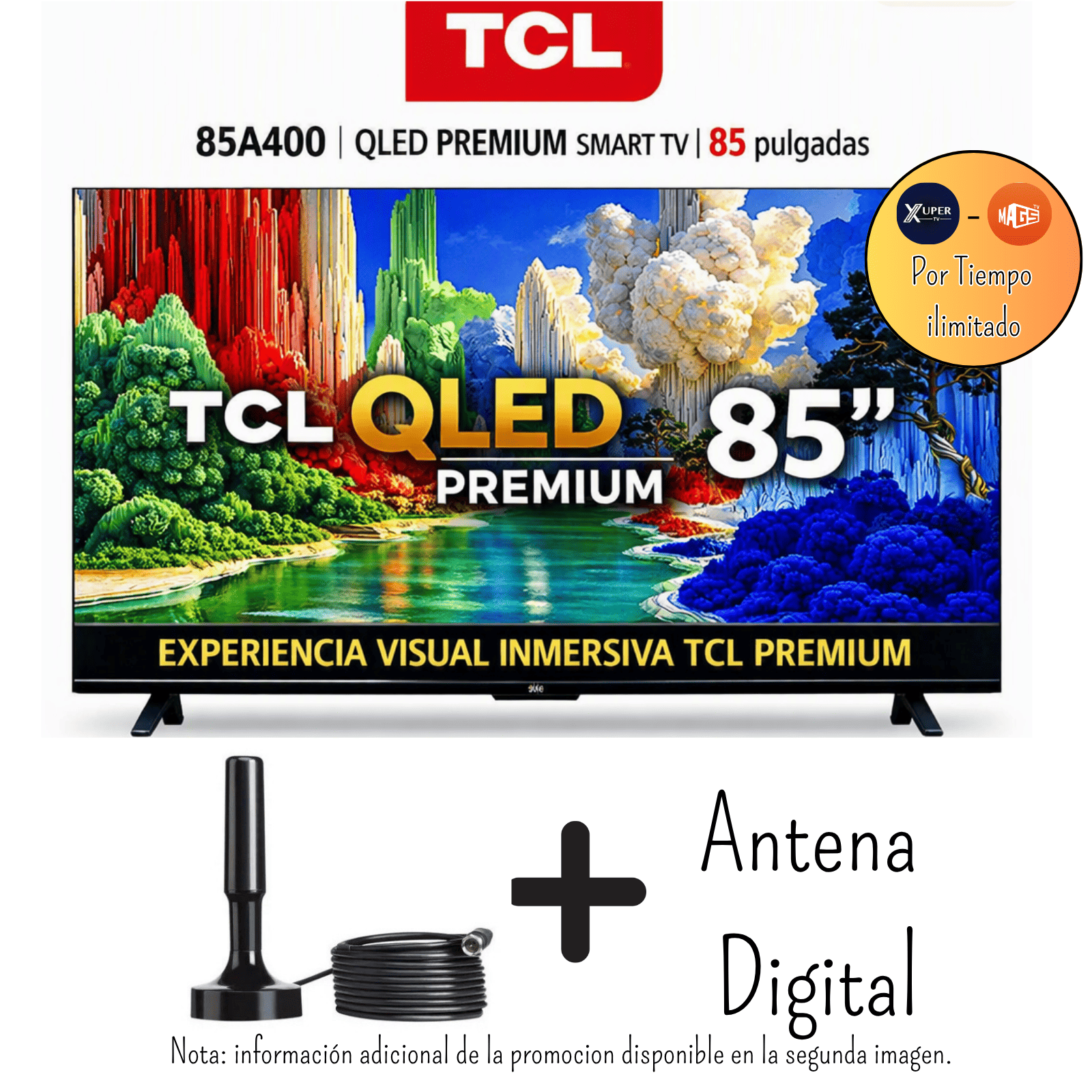 TELEVISOR TCL 85 PULGADAS PREMIUM QLED MANOS LIBRES UHD 4K 85A400 + PROMOCIÓN + ANTENA DIGITAL - 1