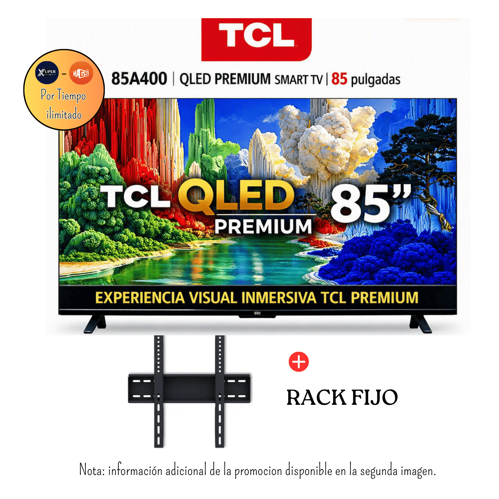 TELEVISOR TCL 85 PULGADAS PREMIUM QLED MANOS LIBRES UHD 4K GOOGLE TV 85A400 + PROMOCIÓN + RACK FIJO - 1