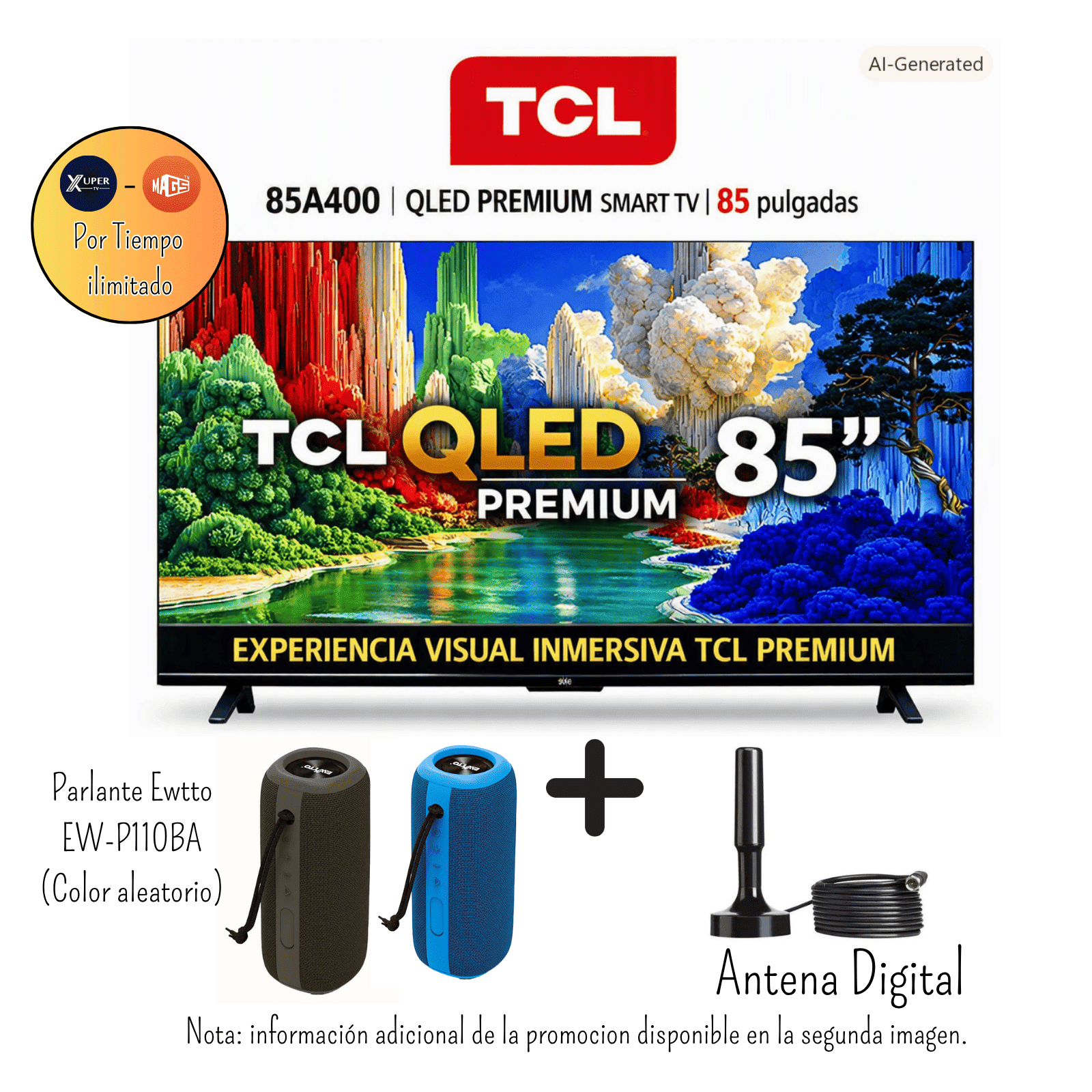 TELEVISOR TCL 85 PULGADAS QLED UHD 4K 85A400 + PROMOCIÓN + ANTENA DIGITAL + PARLANTE EWTTO EW-P110BA - 1