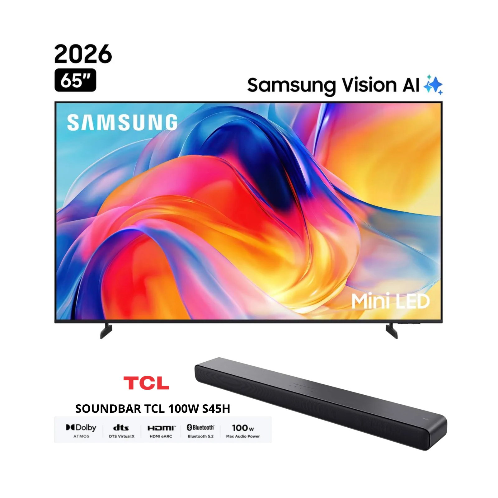 TELEVISOR SAMSUNG 65 PULGADAS MINI LED UHD 4K TIZENOS UN65M70HAGXPE + SOUNDBAR TCL 100W S45H - 1