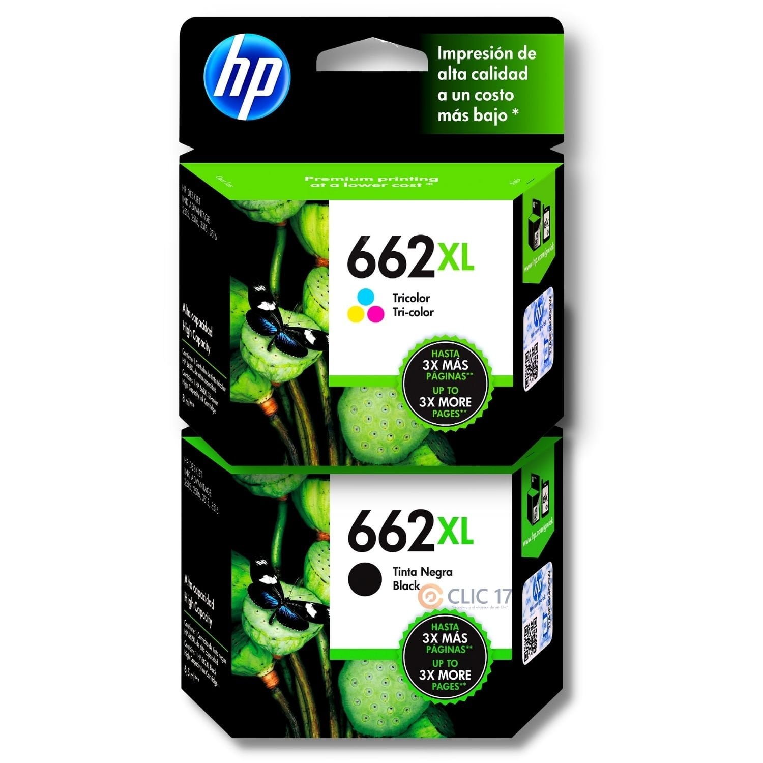KIT TINTA HP 662XL NEGRO, TRICOLOR ORIGINAL - 1