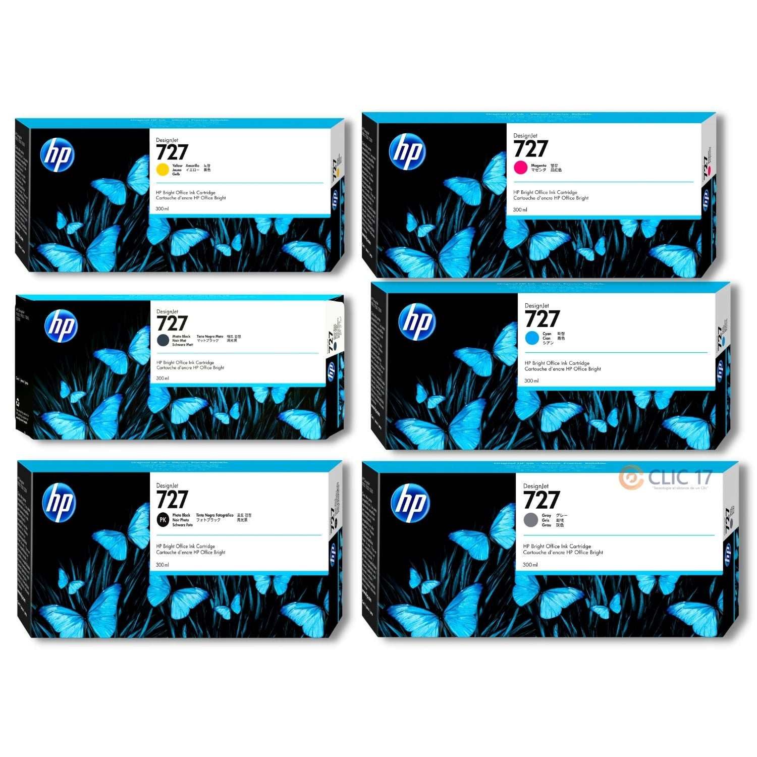 KIT TINTA HP 727 300ML CYAN, MAGENTA, AMARILLO, MATE BLACK, PHOTO BLACK, GRAY ORIGINAL - 1