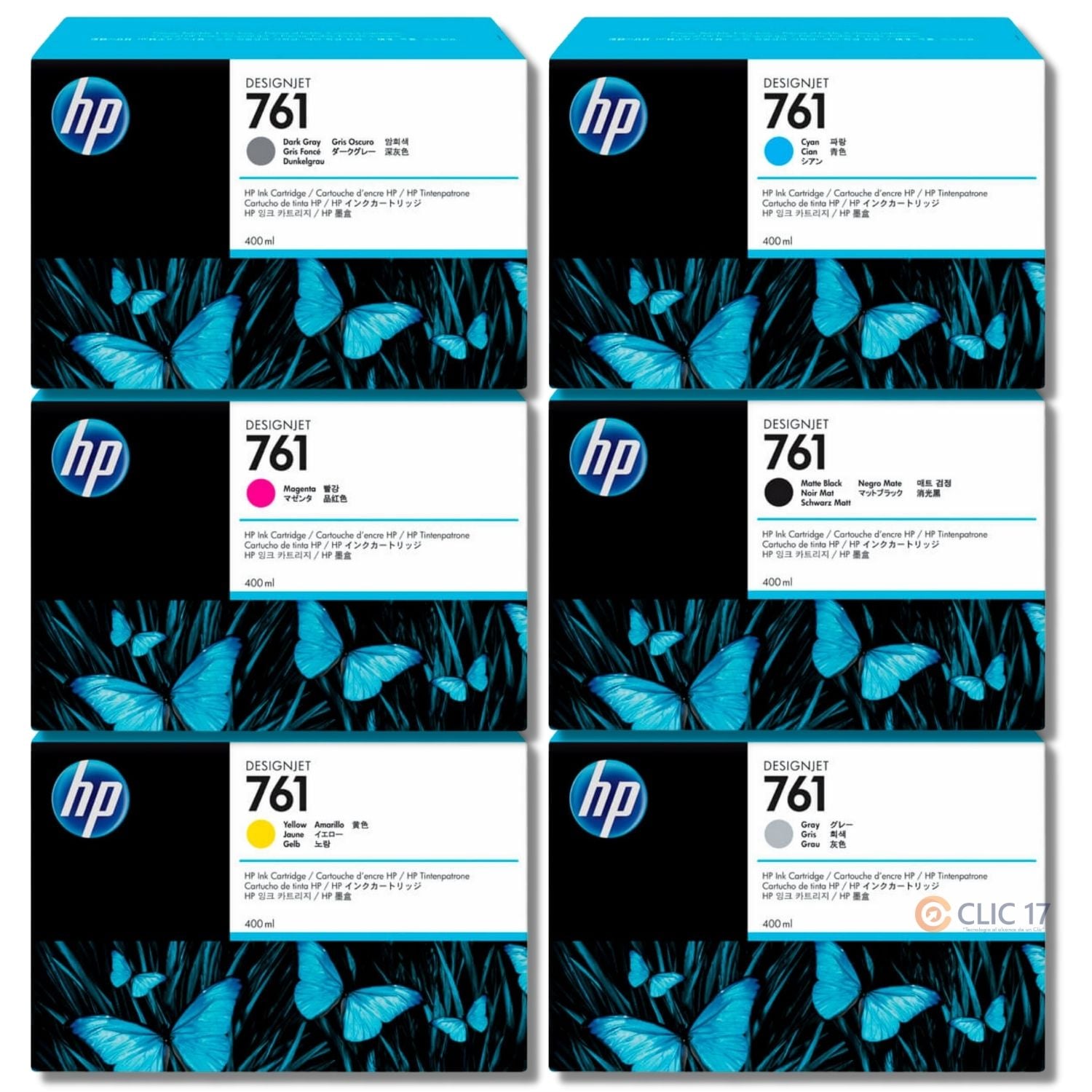 KIT TINTA HP 761 400ML AMARILLO, MAGENTA, CYAN, DARK GRAY, GRAY,  MATE BLACK ORIGINAL - 1