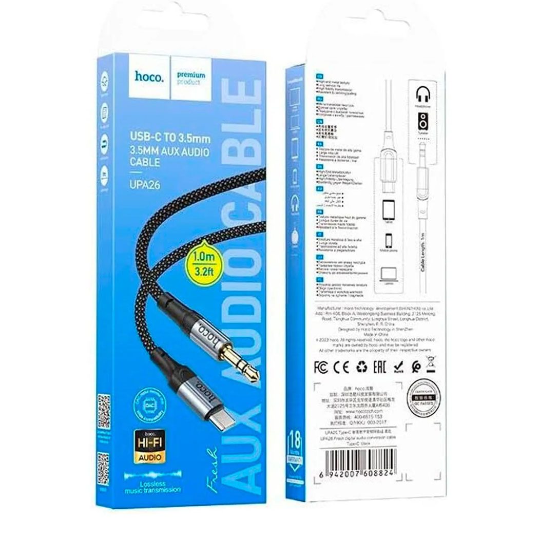 CABLE AUXILIAR AUDIO 35MM TO TYPE-C HOCO UPA26 NEGRO - 2