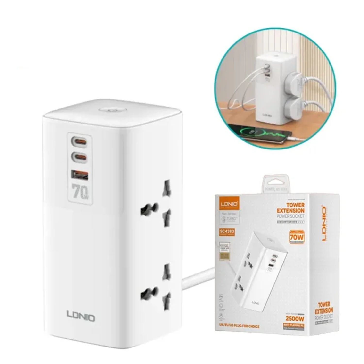 TOMACORRIENTE EXTENSIÓN CARGA RAPIDA 70W LDNIO USB SC4383 BLANCO - 1