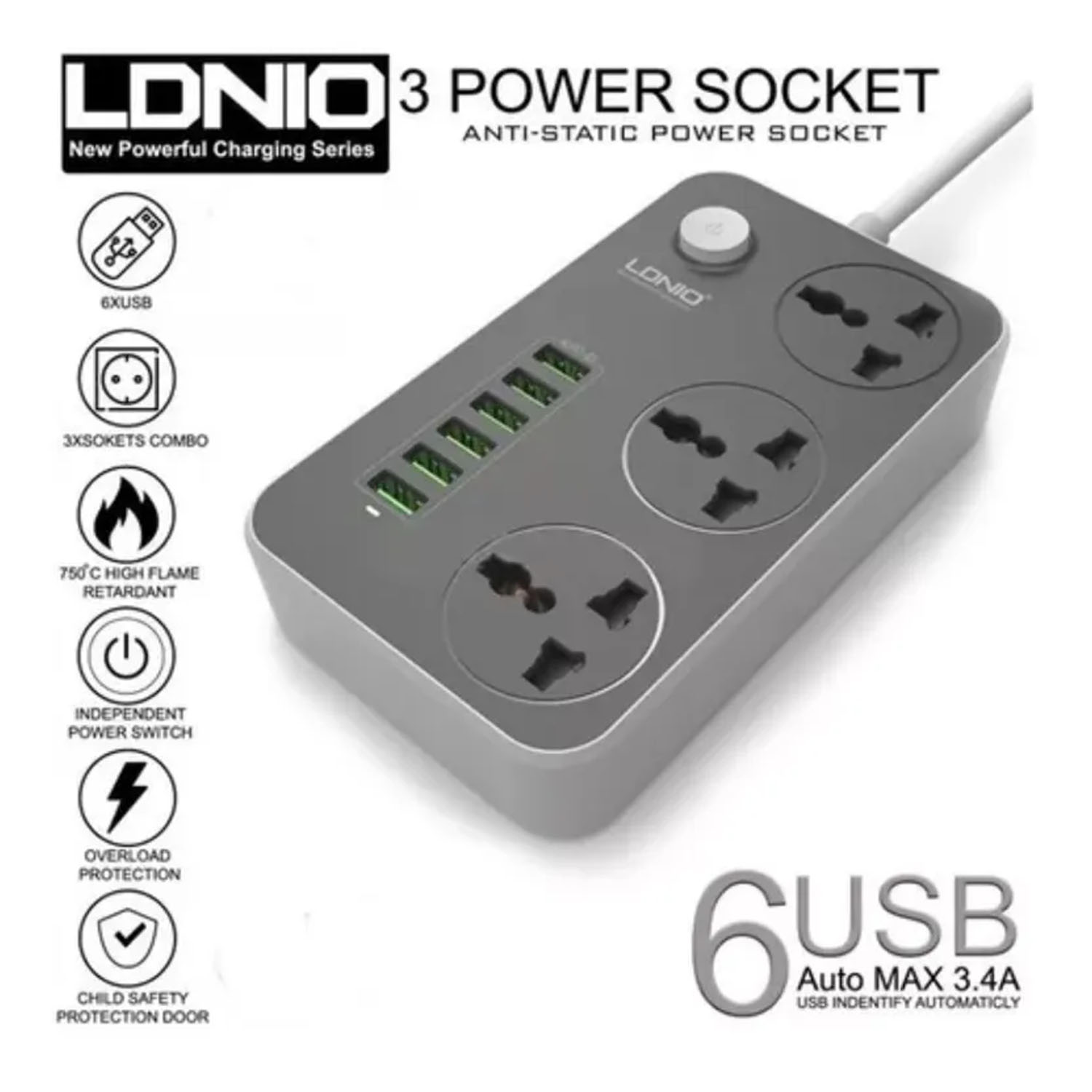 EXTENSIÓN TOMA CORRIENTE LDNIO SC3604 6 USB,3 SOKETS - 2