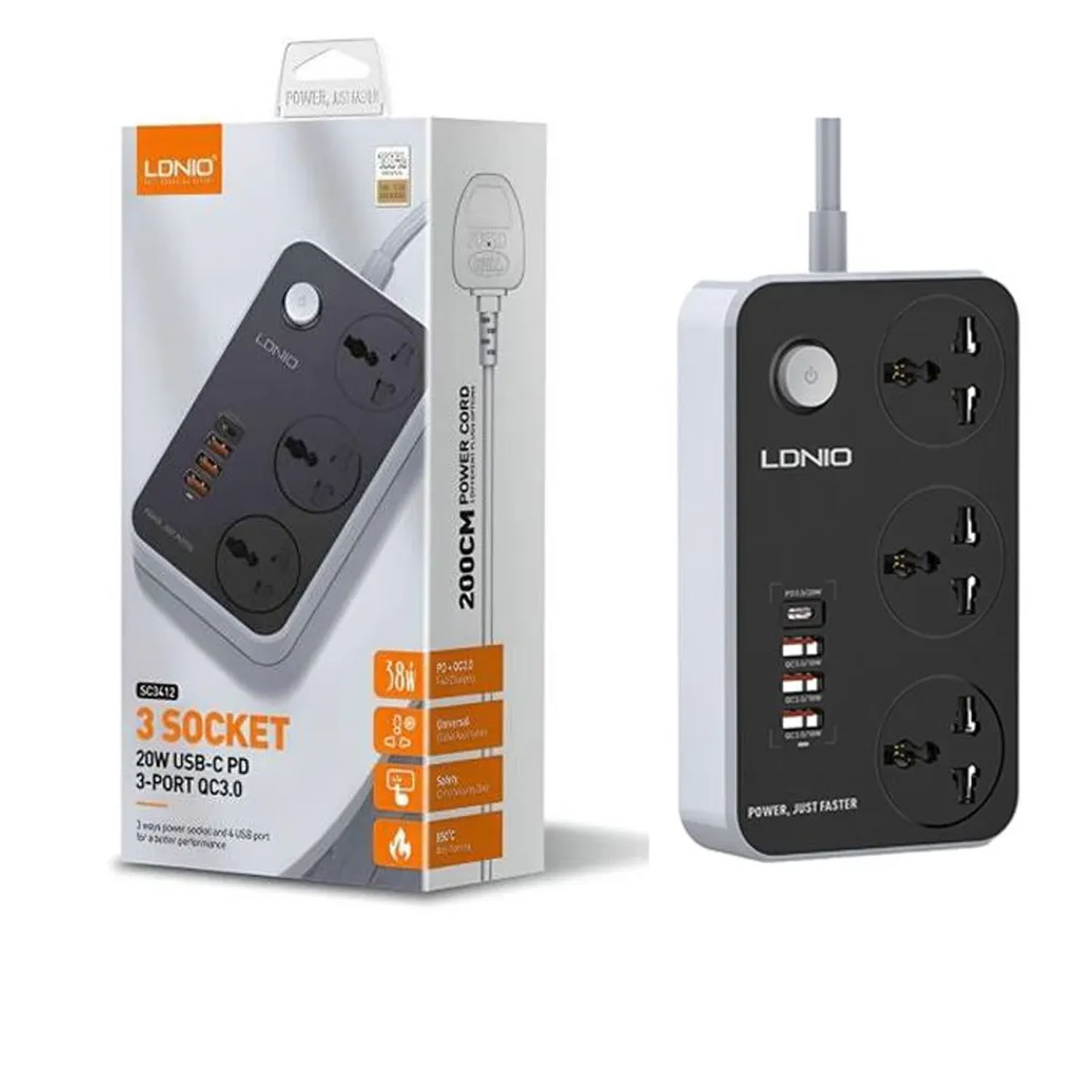 REGLETA MULTICONTACTO DE 3 TOMAS LDNIO SC3412 CON USB COLOR GRIS 2M - 1
