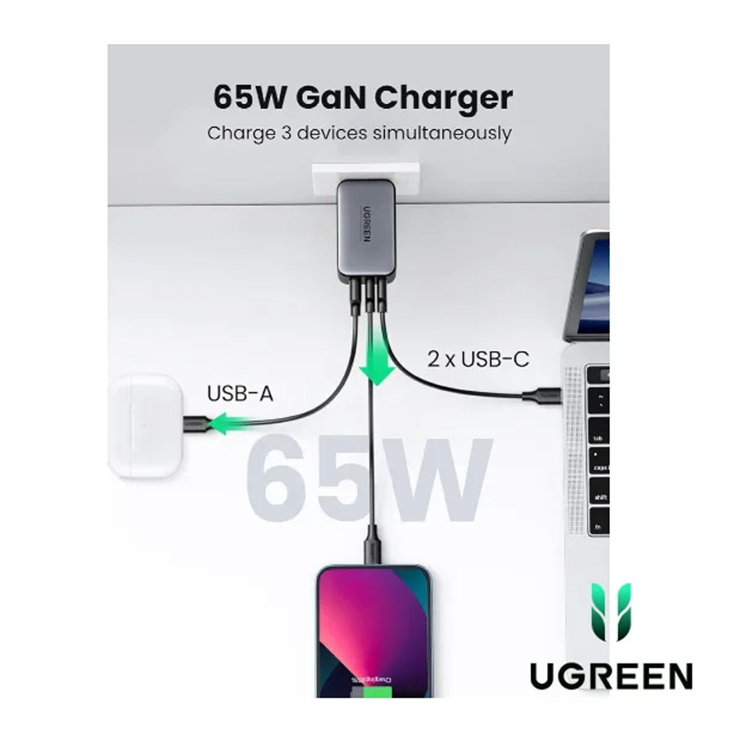 UGREEN 10334 CD244 CARGADOR RAPIDO DE CELULAR 65W NEXODE COLOR GRIS - 3