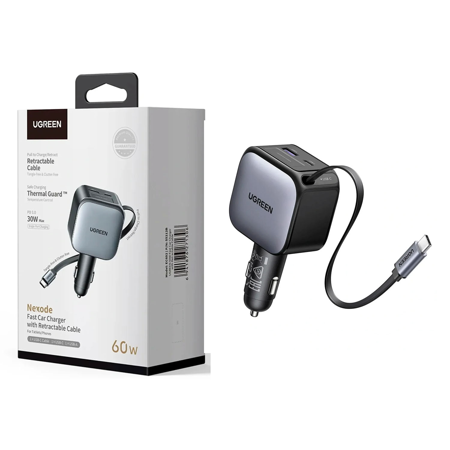 CARGADOR DE AUTO  UGREEN EC602 55212B NEXODE 60W CON CABLE RETRACTIL - 1
