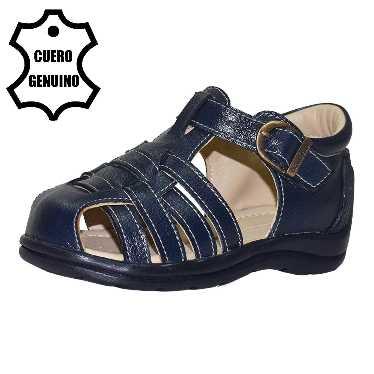 SANDALIA PIBE PARA NIÑO BRUNO KIDS DE CUERO AZUL PRIMEROS PASOS - 1