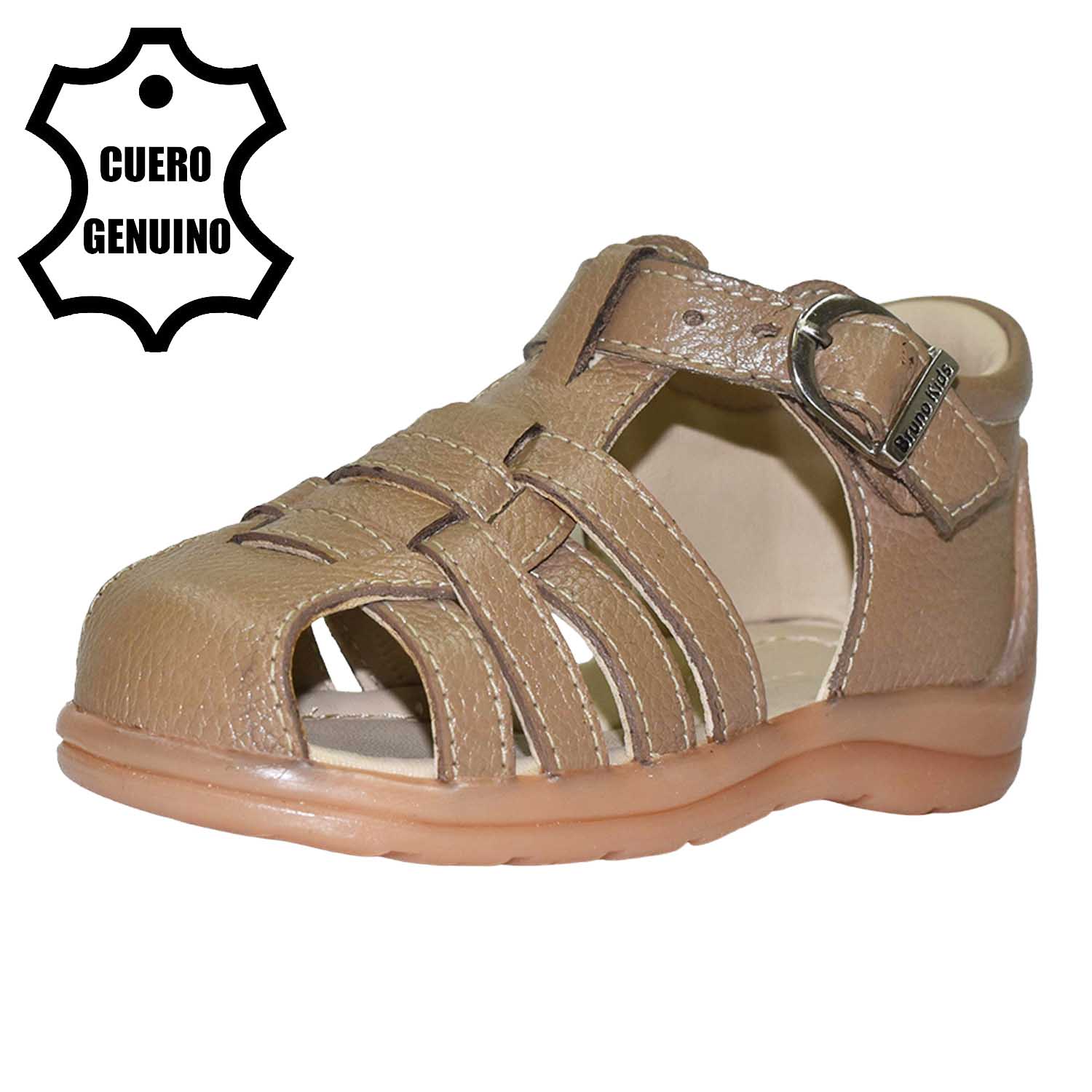 SANDALIA PIBE PARA NIÑO BRUNO KIDS DE CUERO NUTRIA PRIMEROS PASOS - 1