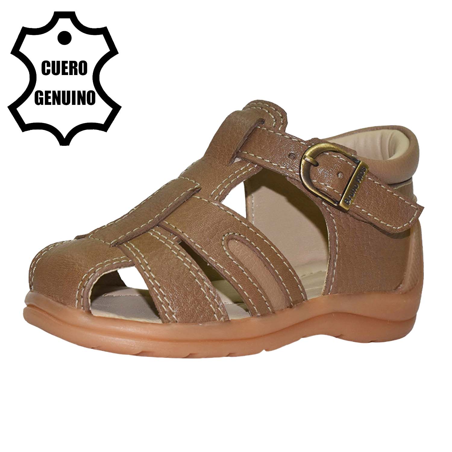 SANDALIA PIBE PARA NIÑO BRUNO KIDS DE CUERO NUTRIA PRIMEROS PASOS - 1