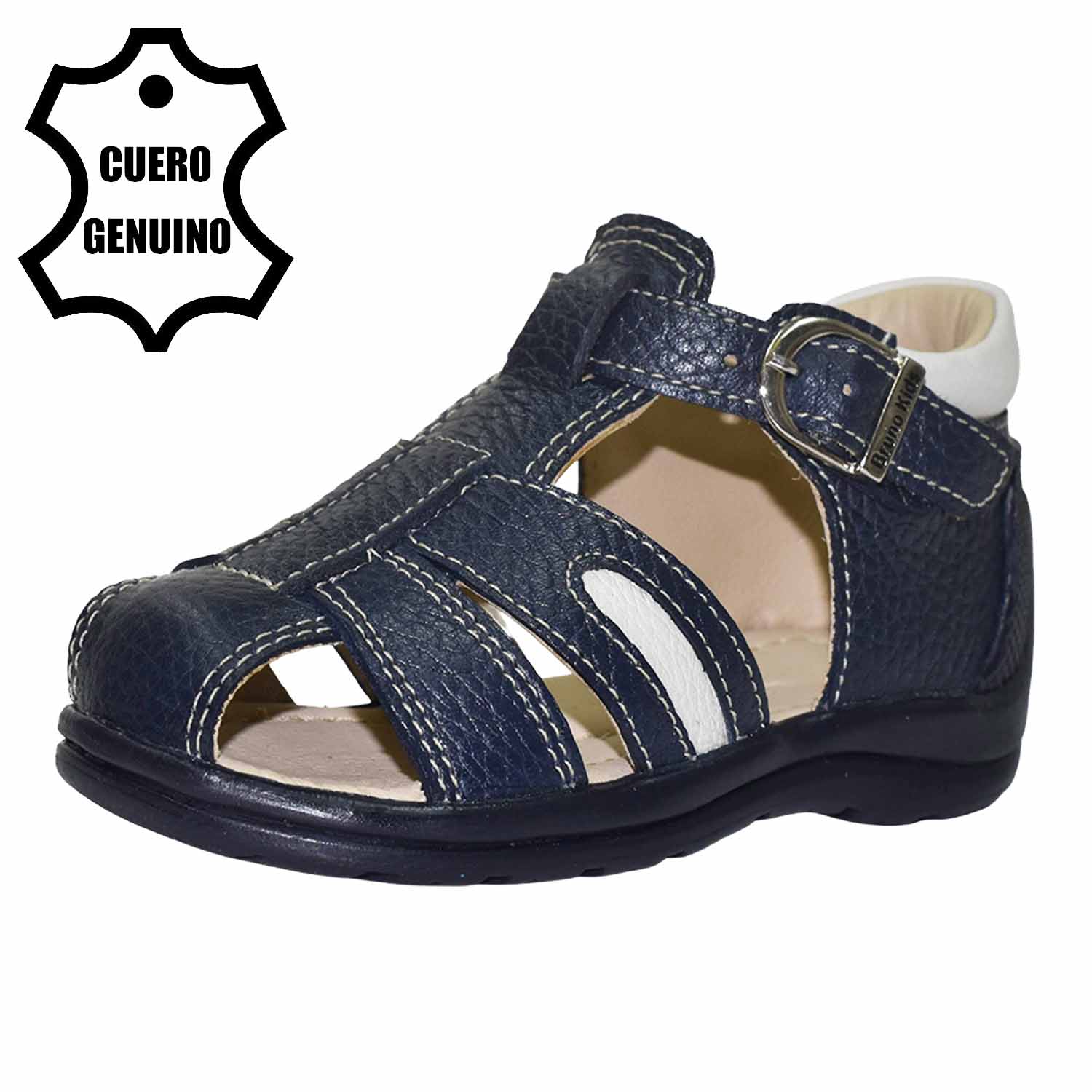 SANDALIA PIBE PARA NIÑO BRUNO KIDS DE CUERO AZUL PRIMEROS PASOS - 1