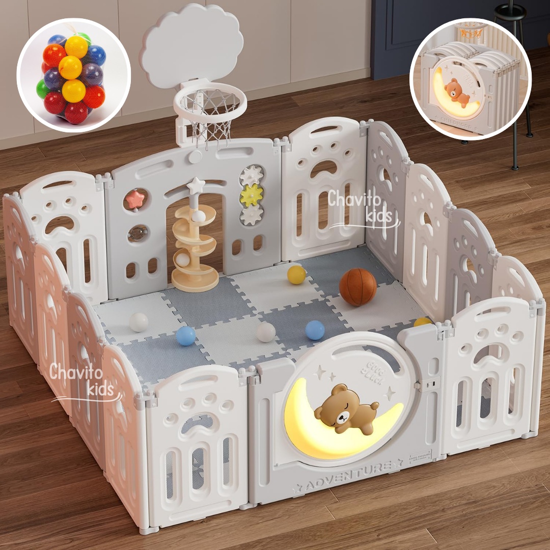CORRAL PLEGABLE CERCO PARA BEBE OSITO DORMILÓN PLOMO - 1