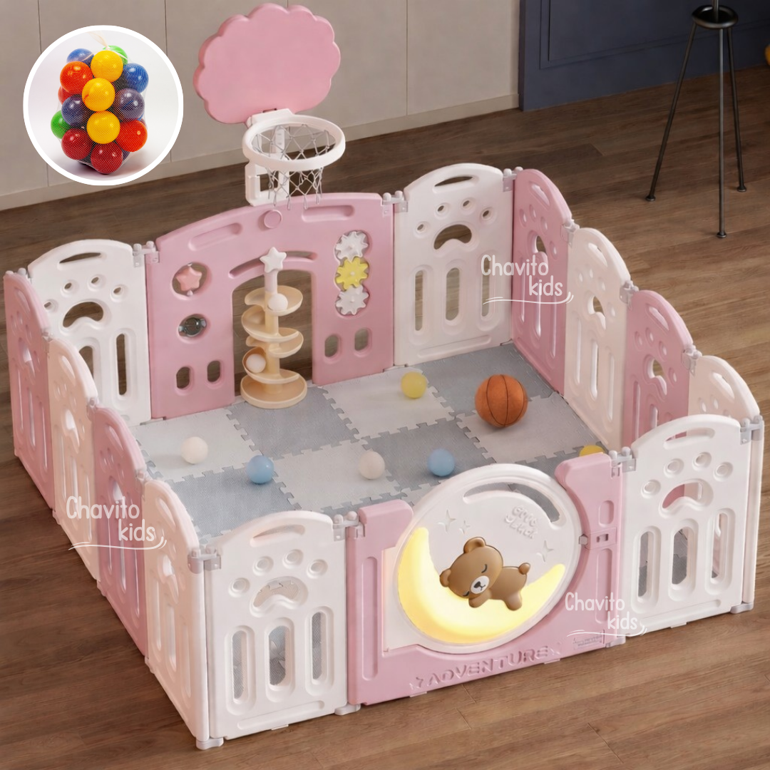 CORRAL PLEGABLE CERCO PARA BEBE OSITO DORMILÓN ROSADO - 1