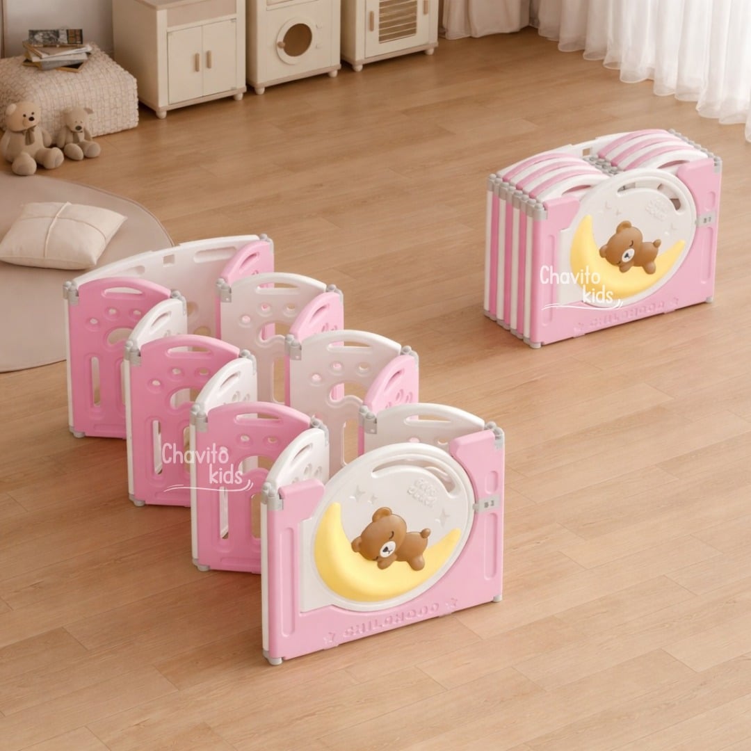 CORRAL PLEGABLE CERCO PARA BEBE OSITO DORMILÓN ROSADO - 2