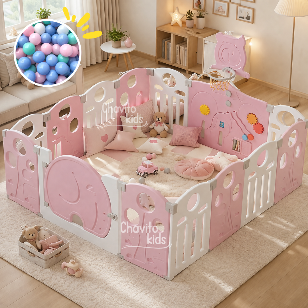 CORRAL 14 PANELES CERCO PLEGABLE ELEFANTE C/ ARO DE ENCESTAR ROSADO - 1