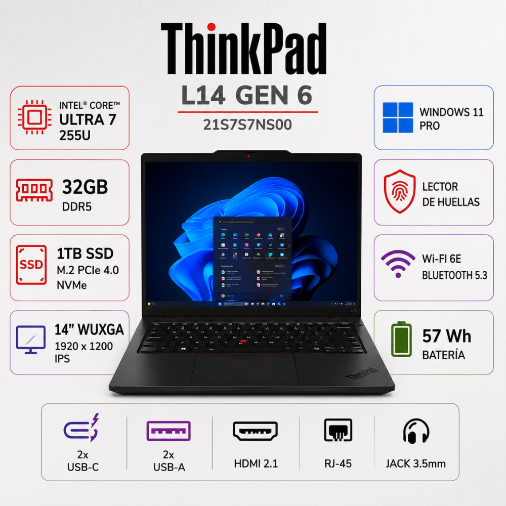 LAPTOP LENOVO THINKPAD L14 GEN 6 ULTRA 7-255U 32GB DDR5 1TB SSD 14″ WUXGA WINDOWS 11 PRO 21S7S7NS00 - 1