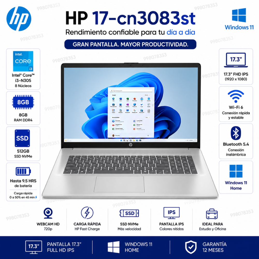 LAPTOP HP 17-CN3083ST INTEL CORE I3-N305 8GB RAM 512GB SSD 17.3' FHD WINDOWS 11 - 1