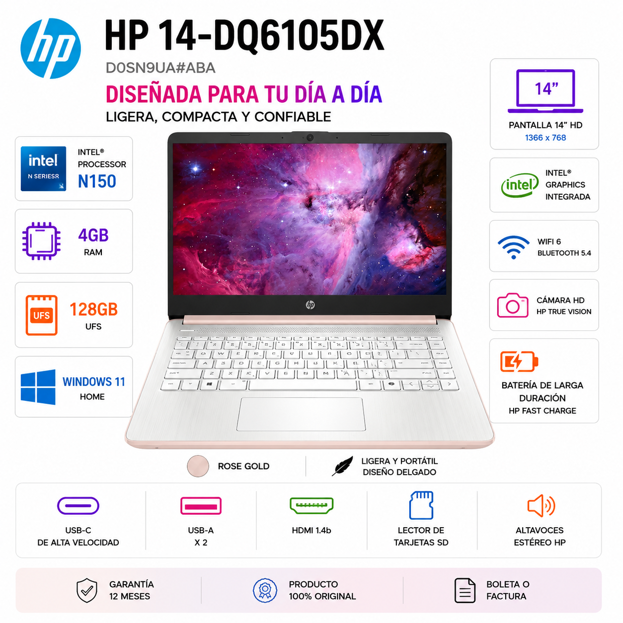 LAPTOP HP 14-DQ6105DX INTEL N150 4GB RAM 128GB 14' HD IPS WINDOWS 11 AMERICANA - 1