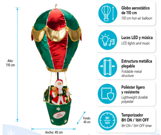 ADORNO NAVIDEÑO DE PAPÁ NOEL EN GLOBO AEROSTÁTICO DE 110 CM - 5