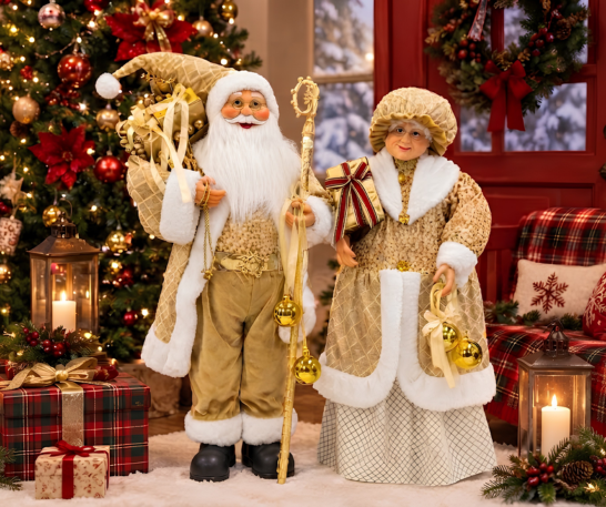 SET NAVIDEÑO DE PAPÁ NOEL Y MAMÁ NOEL DORADOS DE 1 METRO - 3