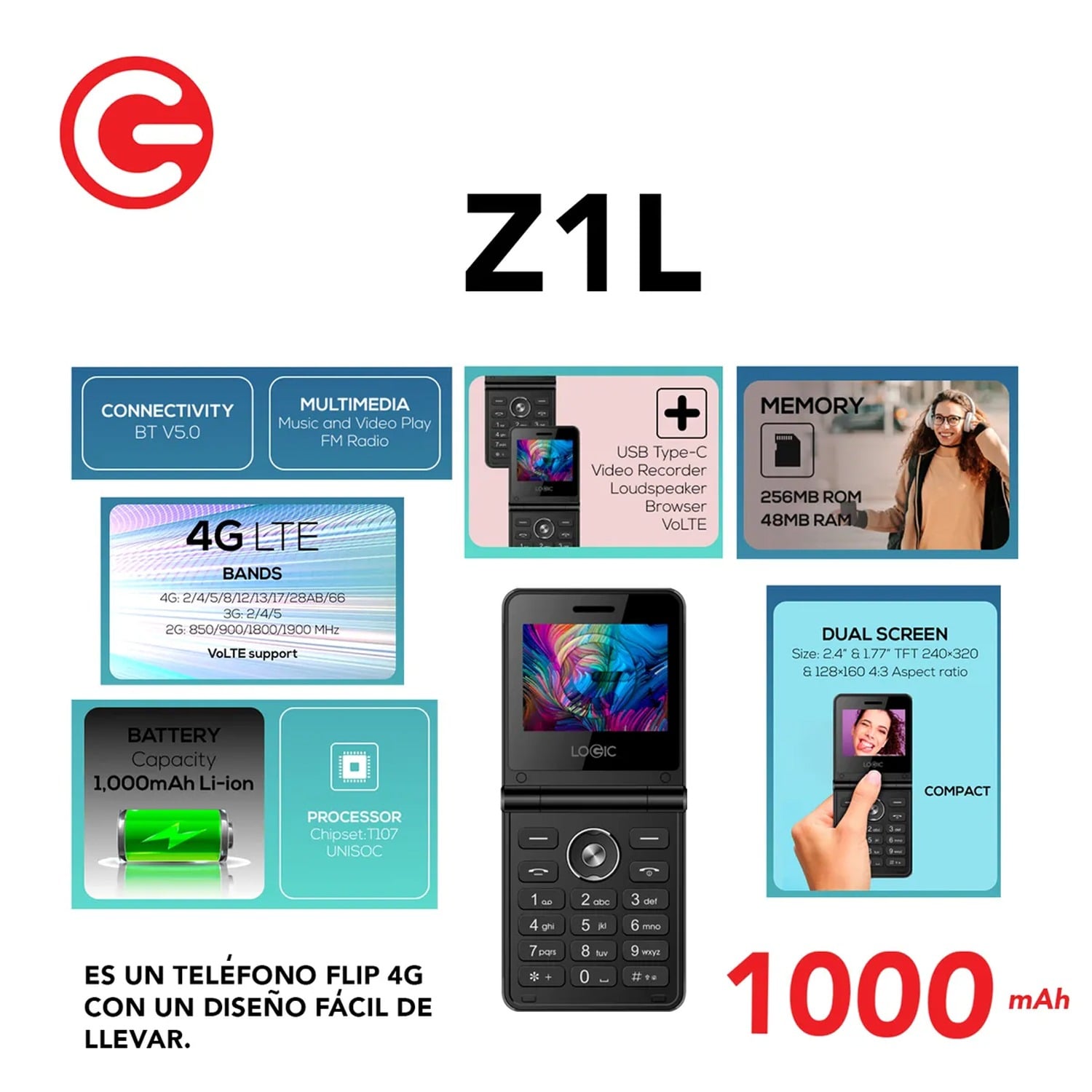 CELULAR LOGIC Z1L TELÉFONO FLIP 4G COLOR NEGRO - 4