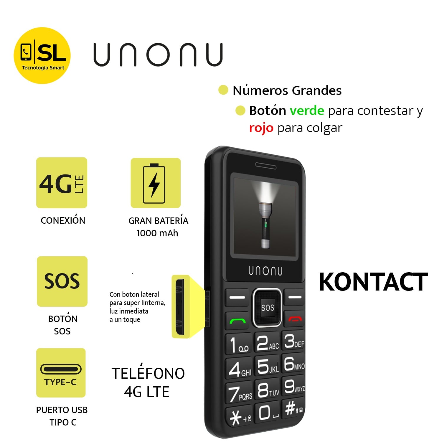 CELULAR BÁSICO NÚMEROS GRANDES UNONU KONTACT 4G LTE COLOR NEGRO - 1