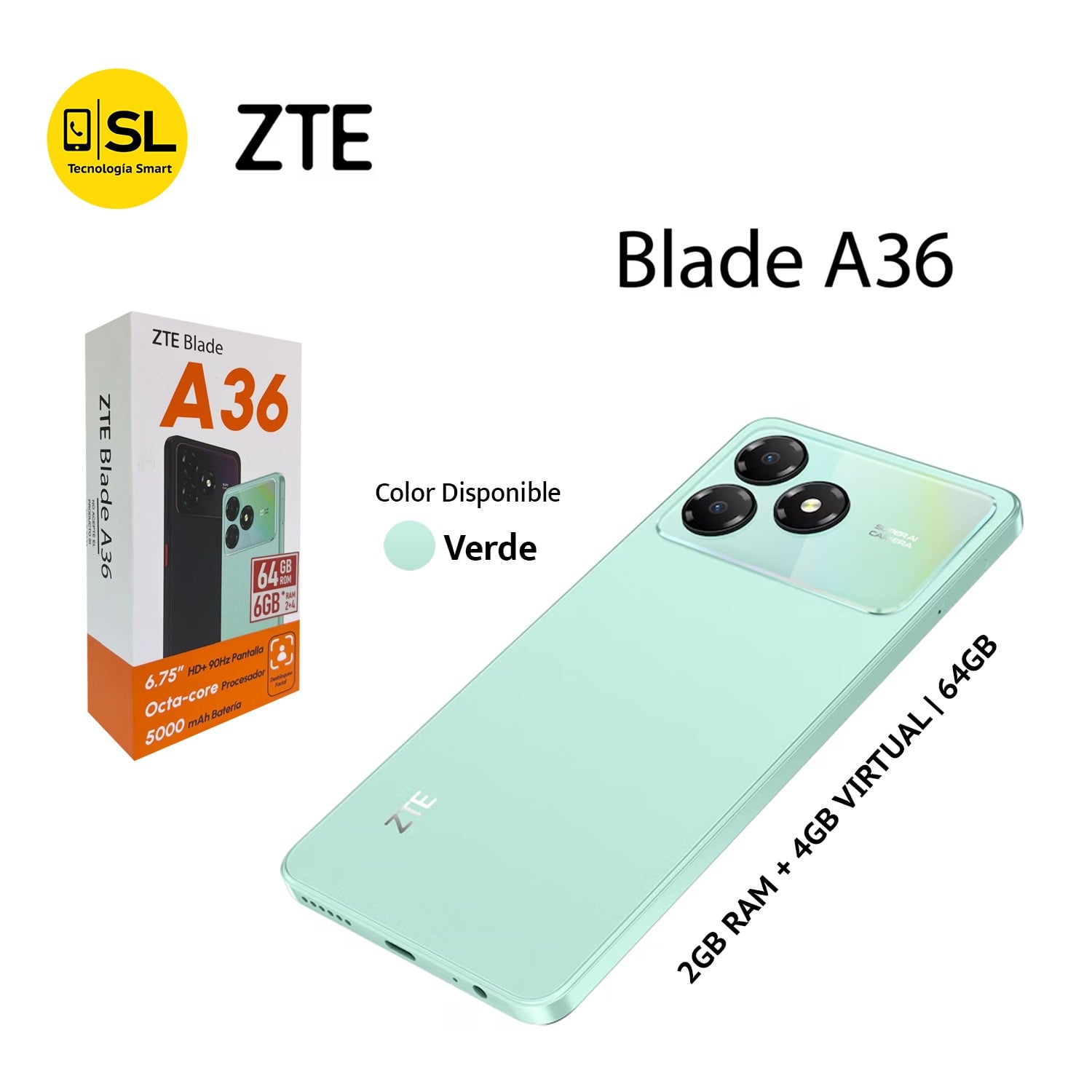 ZTE BLADE A36 2GB RAM + 4GB VIRTUAL + 64GB COLOR VERDE - 1