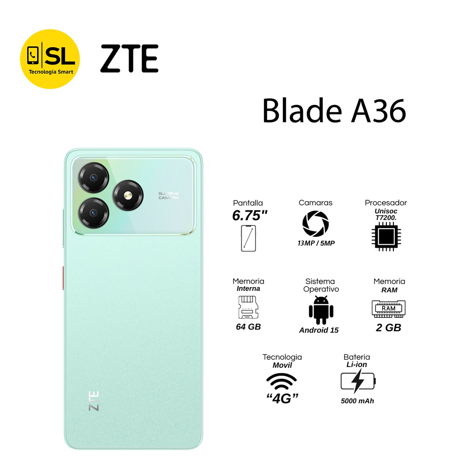 ZTE BLADE A36 2GB RAM + 4GB VIRTUAL + 64GB COLOR VERDE - 3