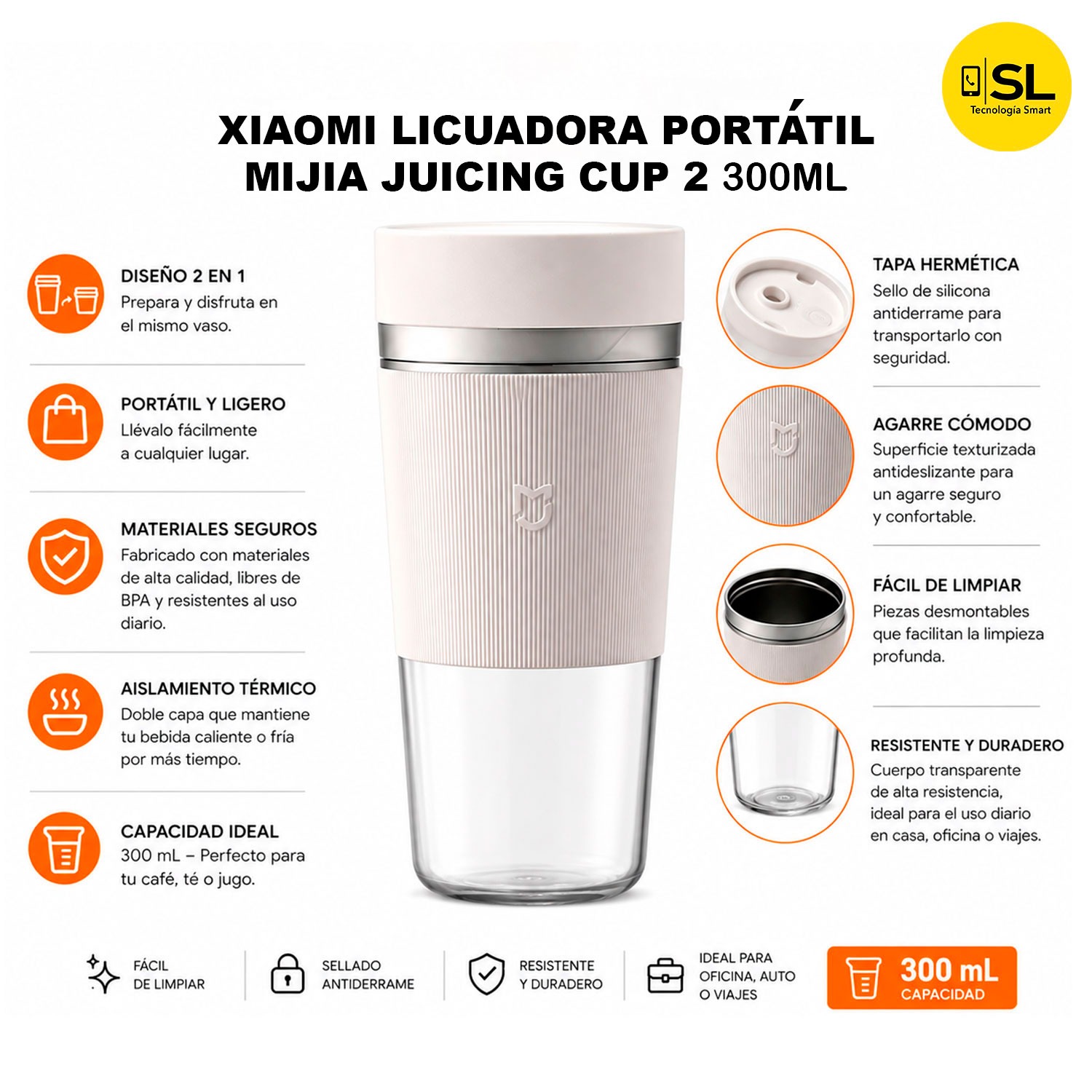 LICUADORA PORTÁTIL XIAOMI MIJIA JUICING CUP 2 300ML COLOR BLANCO - 2