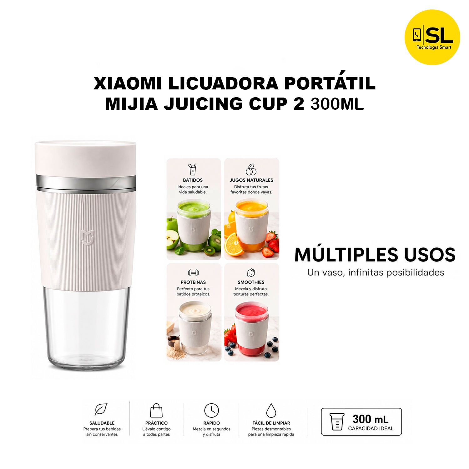 LICUADORA PORTÁTIL XIAOMI MIJIA JUICING CUP 2 300ML COLOR BLANCO - 3