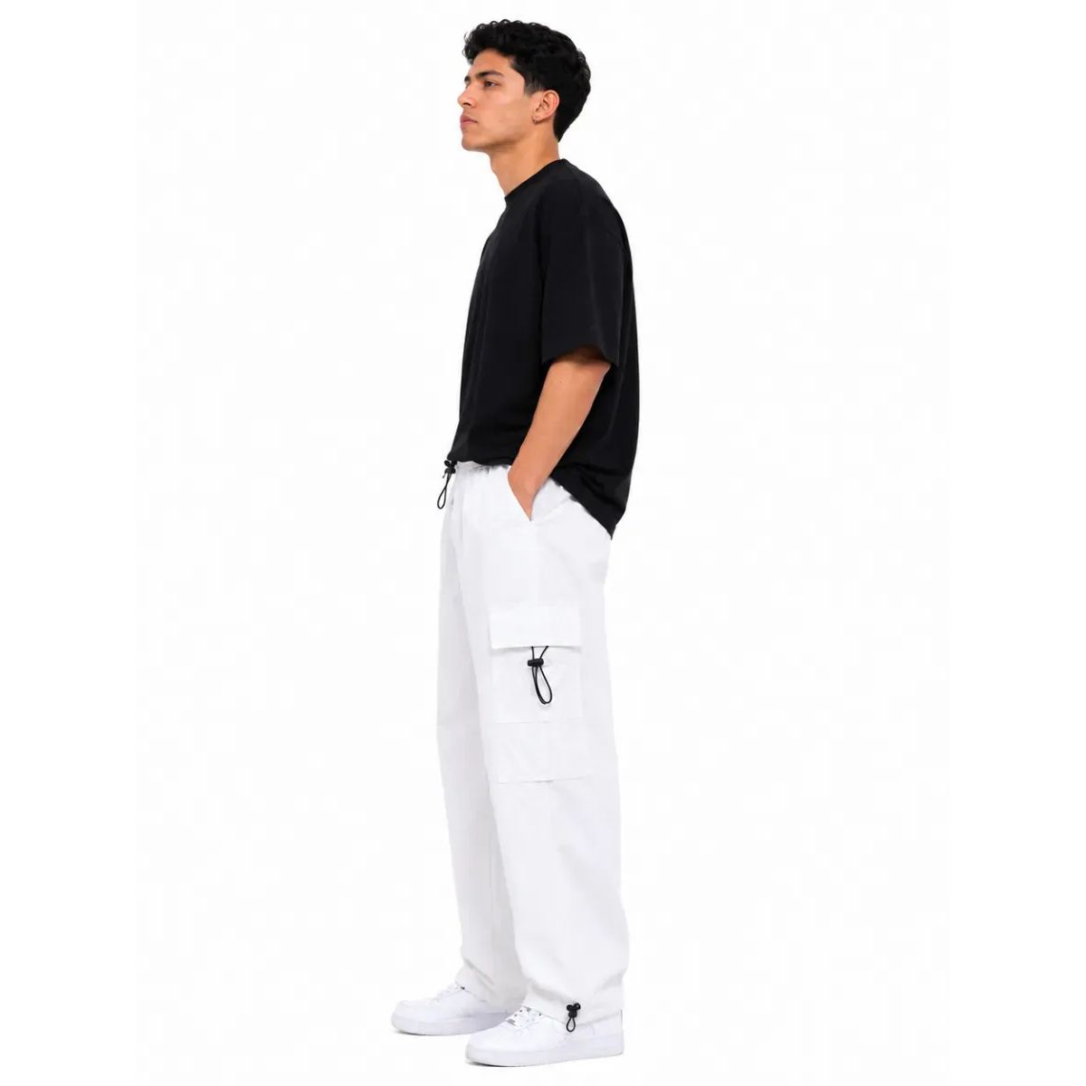 JOGGER CARGO PARACHUTE HOMBRE TELA MOJADA BLANCO OVERSIZED WIDE LEG 4 BOLSILLOS REGULADOR EN BASTA - 7