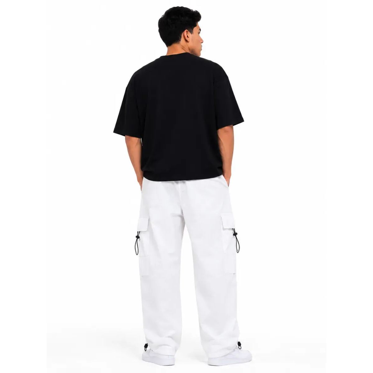 JOGGER CARGO PARACHUTE HOMBRE TELA MOJADA BLANCO OVERSIZED WIDE LEG 4 BOLSILLOS REGULADOR EN BASTA - 8