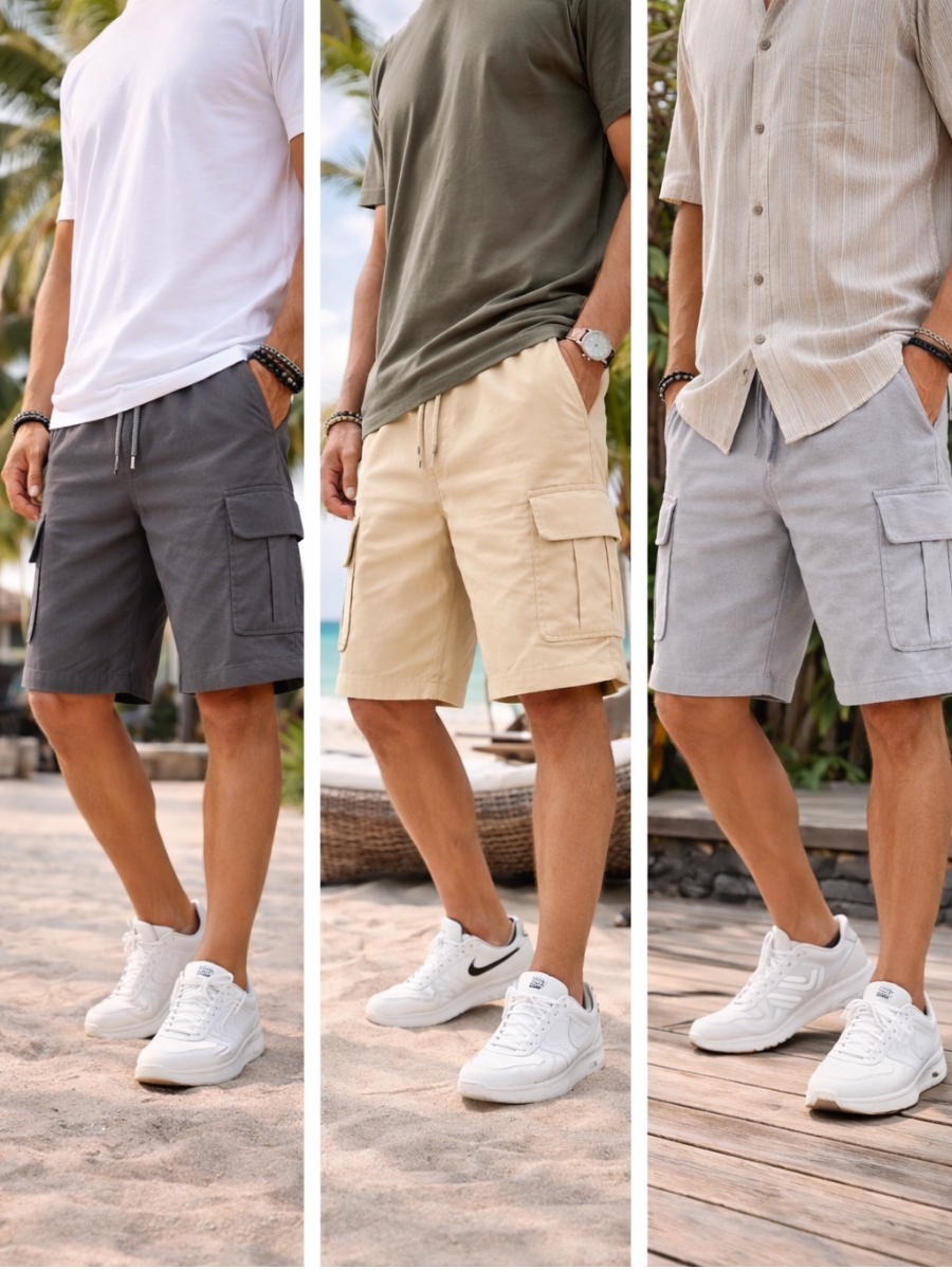 SHORT CARGO ENKI PACK X3 ALGODÓN WAFFLE PLOMO RATA BEIGE CLARO GRIS CLARO PARA HOMBRE - 2
