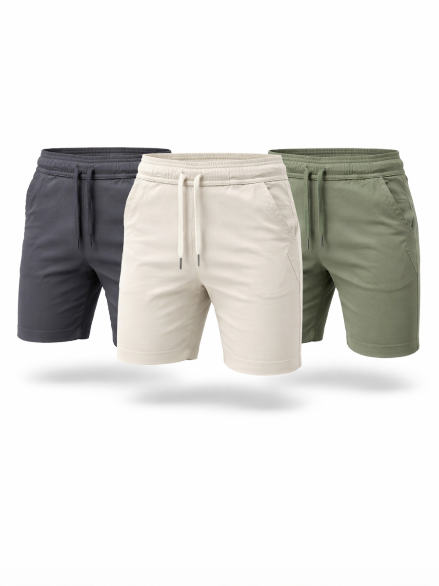 SHORT HOMBRE TELA STONE PACK 3 COLORES PLOMO RATA ARENA HUESO CASUAL DEPORTIVO 2026 COMODO CALIDAD PREMIUM CINTURA ELASTICA - 1
