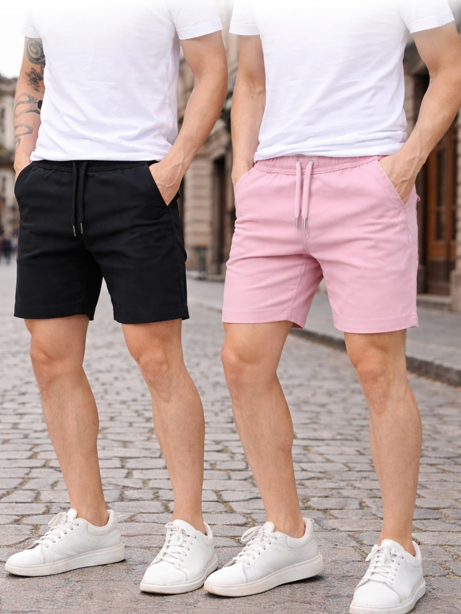 SHORT HOMBRE TELA STONE NEGRO ROSADO PACK 2 CASUAL DEPORTIVO 2026 CÓMODO CALIDAD PREMIUM CINTURA ELÁSTICA - 1