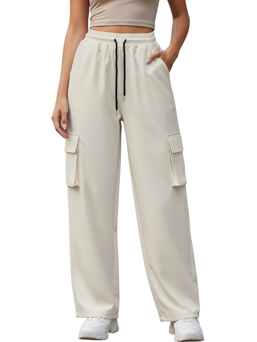 PANTALÓN CARGO MUJER HUESO TELA NOVA SUELTO CASUAL DEPORTIVO MODA URBANA CINTURA ELÁSTICA AJUSTABLE CÓMODO Y VERSÁTIL - 1