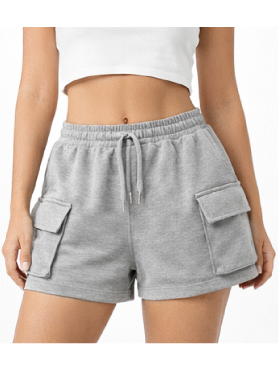 SHORT CARGO DE FRENCH TERRY CON PRETINA ELÁSTICA Y CORDÓN AJUSTABLE PARA MUJER EN GRIS MELANGE - 1