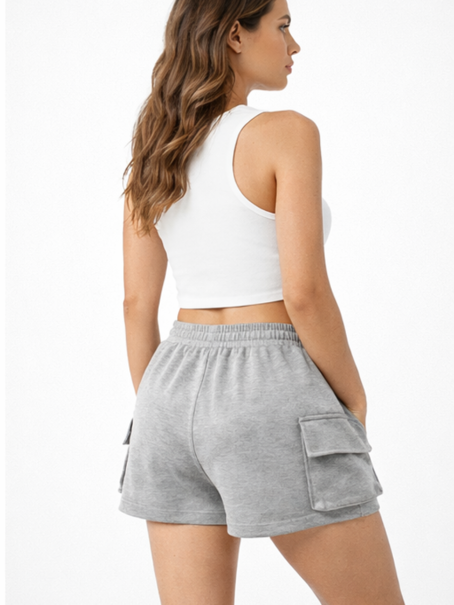 SHORT CARGO DE FRENCH TERRY CON PRETINA ELÁSTICA Y CORDÓN AJUSTABLE PARA MUJER EN GRIS MELANGE - 3