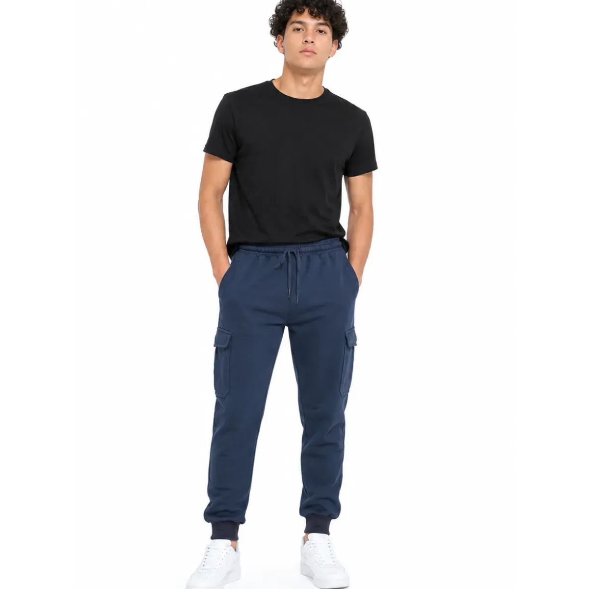 JOGGER CARGO HOMBRE ALGODÓN FRANELA AZUL ÍNDIGO PUÑO RIB 5 BOLSILLOS URBANO CASUAL - 4