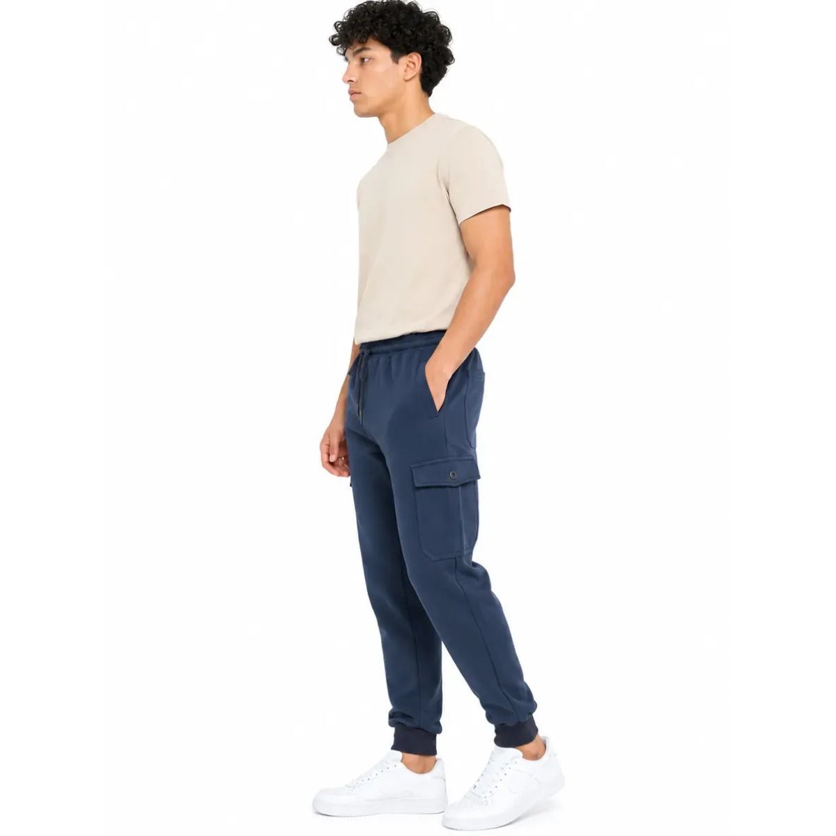 JOGGER CARGO HOMBRE ALGODÓN FRANELA AZUL ÍNDIGO PUÑO RIB 5 BOLSILLOS URBANO CASUAL - 5