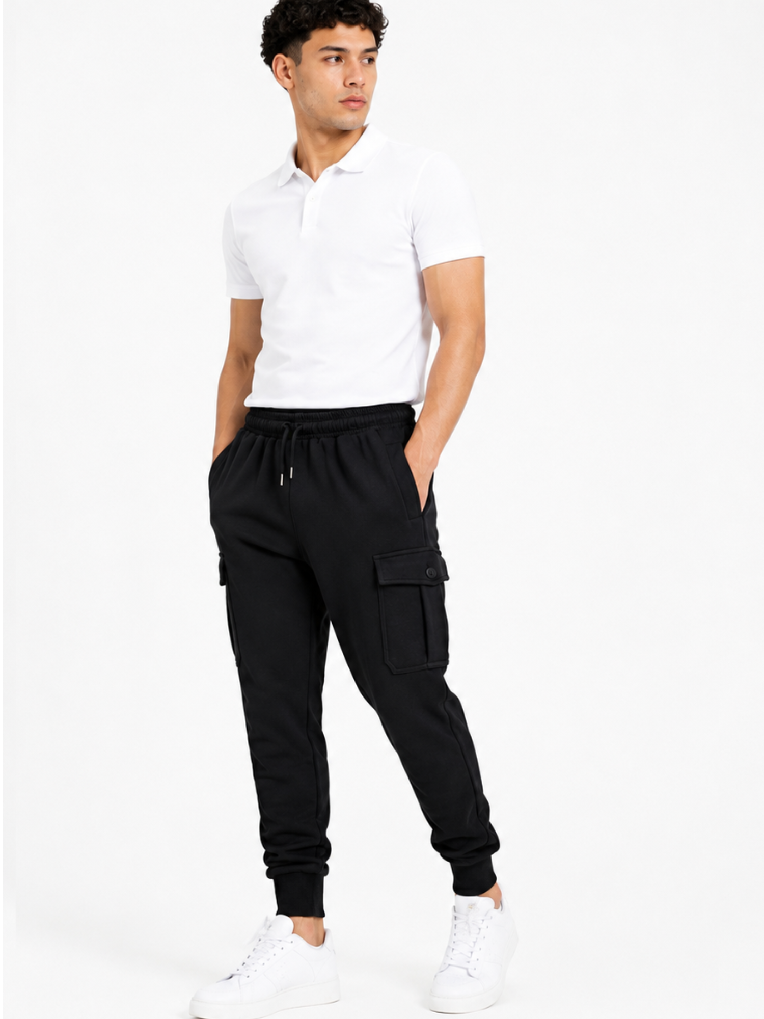 JOGGER CARGO HOMBRE ALGODON FRANELA NEGRO URBANO CASUAL - 1