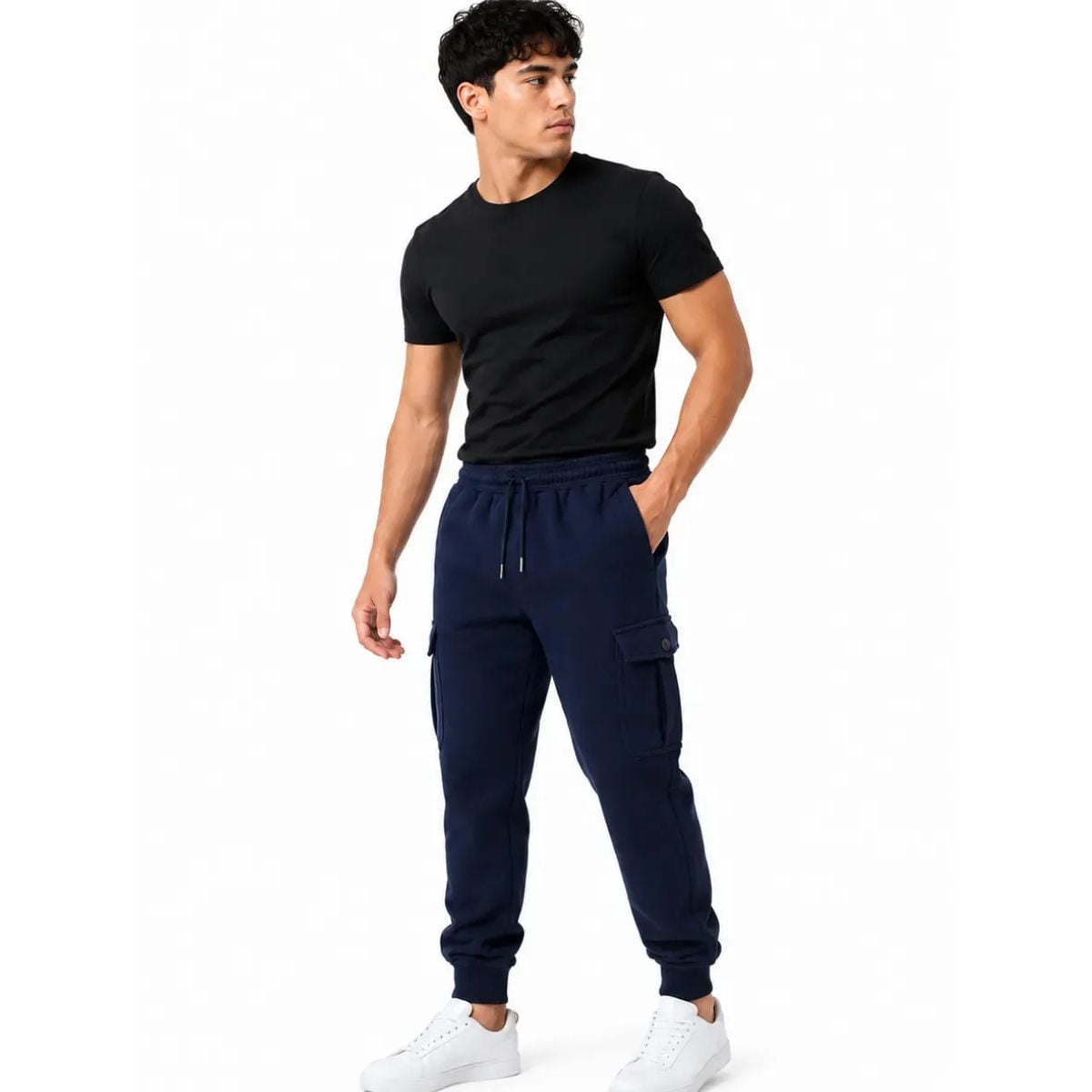 JOGGER CARGO HOMBRE ALGODÓN FRANELA AZUL MARINO PUÑO RIB 5 BOLSILLOS URBANO CASUAL - 7