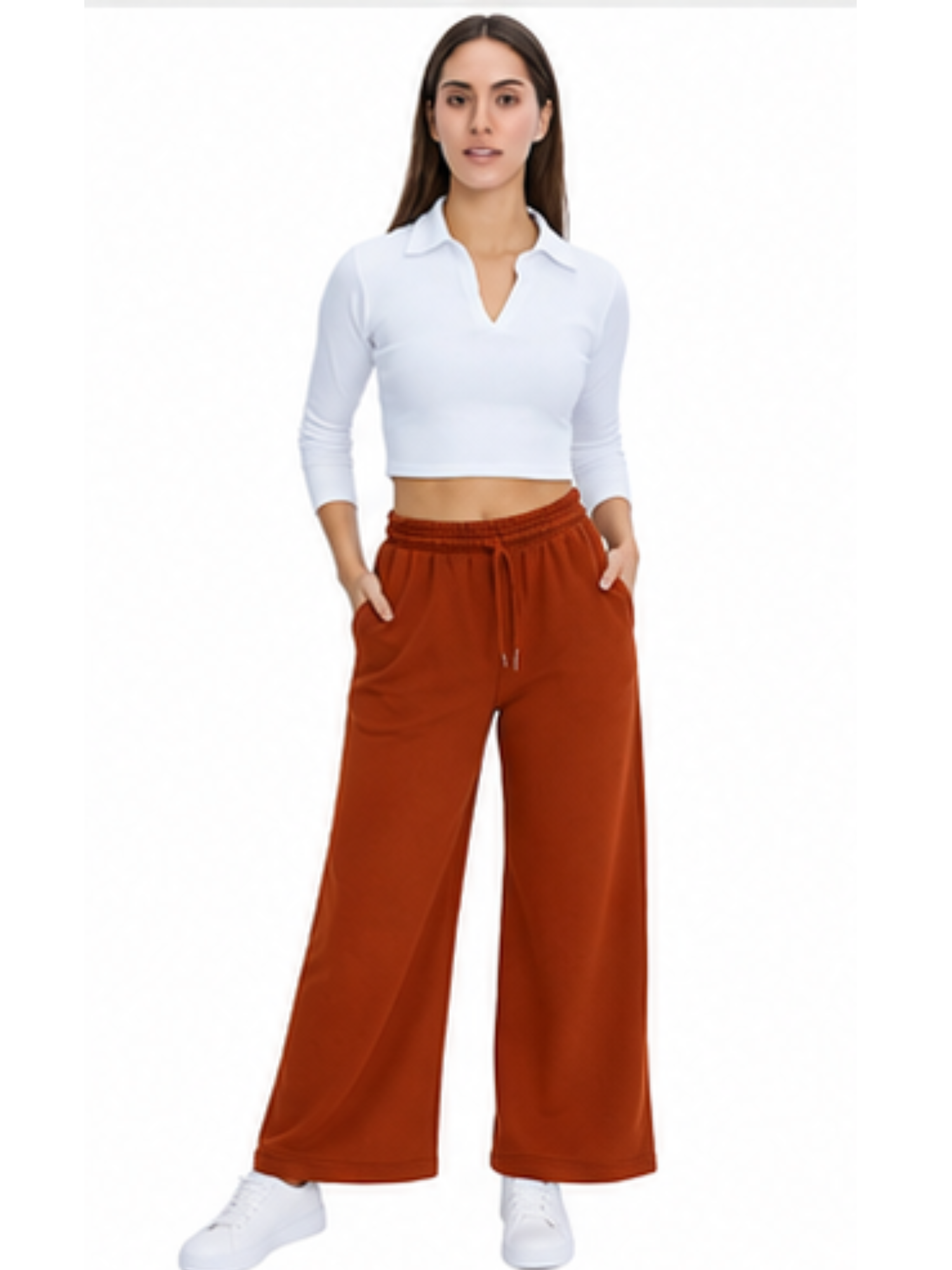 PANTALON PALAZO FRANELA TERRACOTA CINTURA ELASTICA CON CORDON - 1