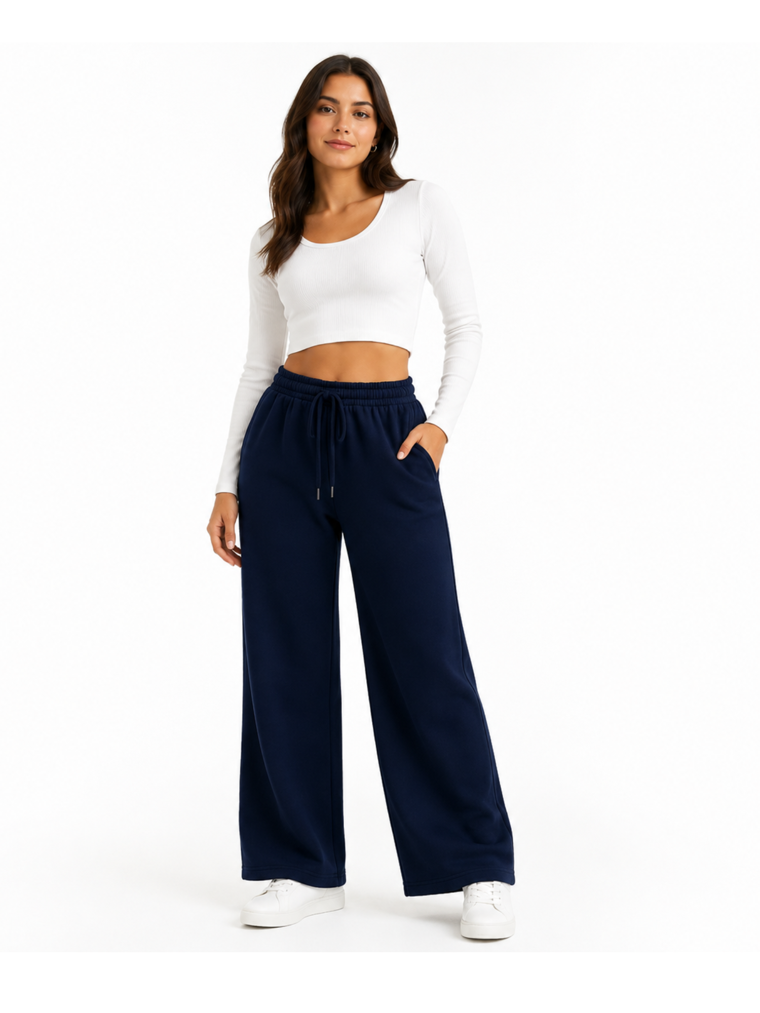 PANTALON PALAZO FRANELA AZUL MARINO CINTURA ELASTICA CON CORDON MUJER - 1