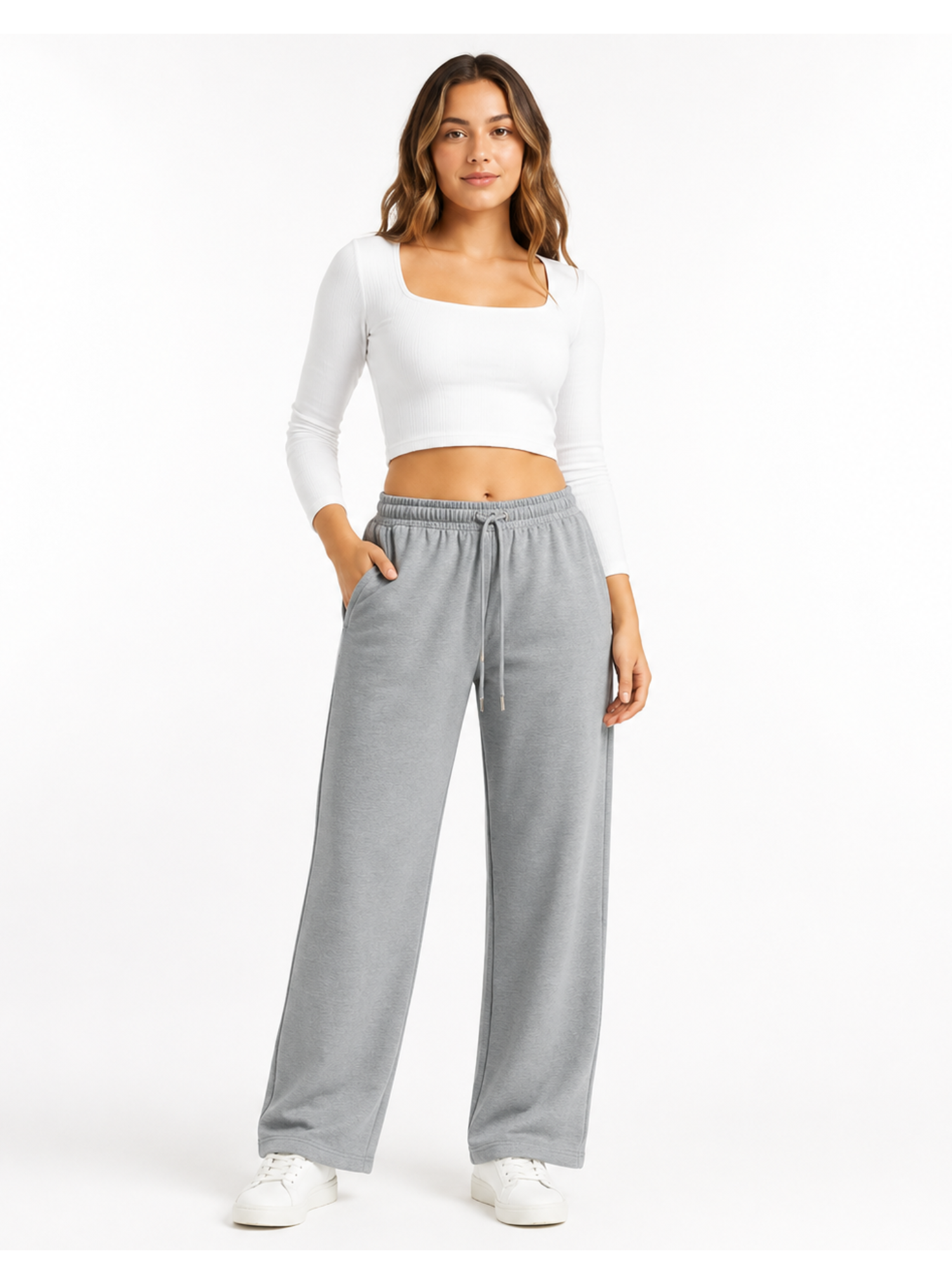 PANTALON PALAZO FRANELA GRIS JASPEADO CINTURA ELASTICA CON CORDON MUJER - 1