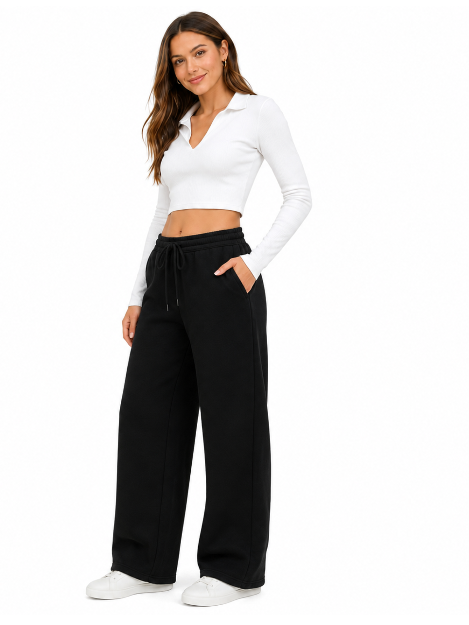 PANTALON PALAZO FRANELA NEGRO CINTURA ELASTICA CON CORDON MUJER - 1